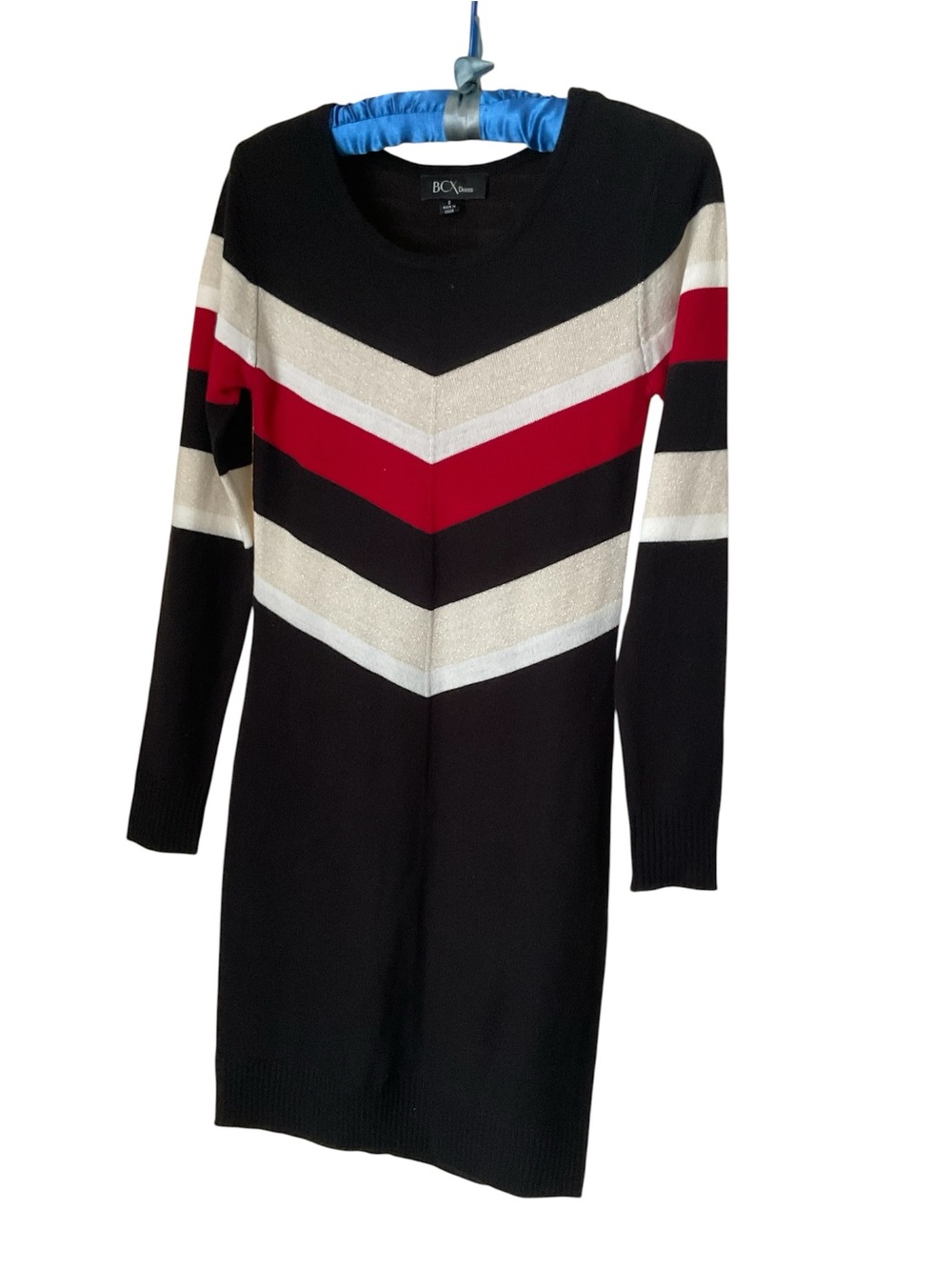 BCX Black Chevron Stripe Sweater Dress with Red and Cream Accents Sz S